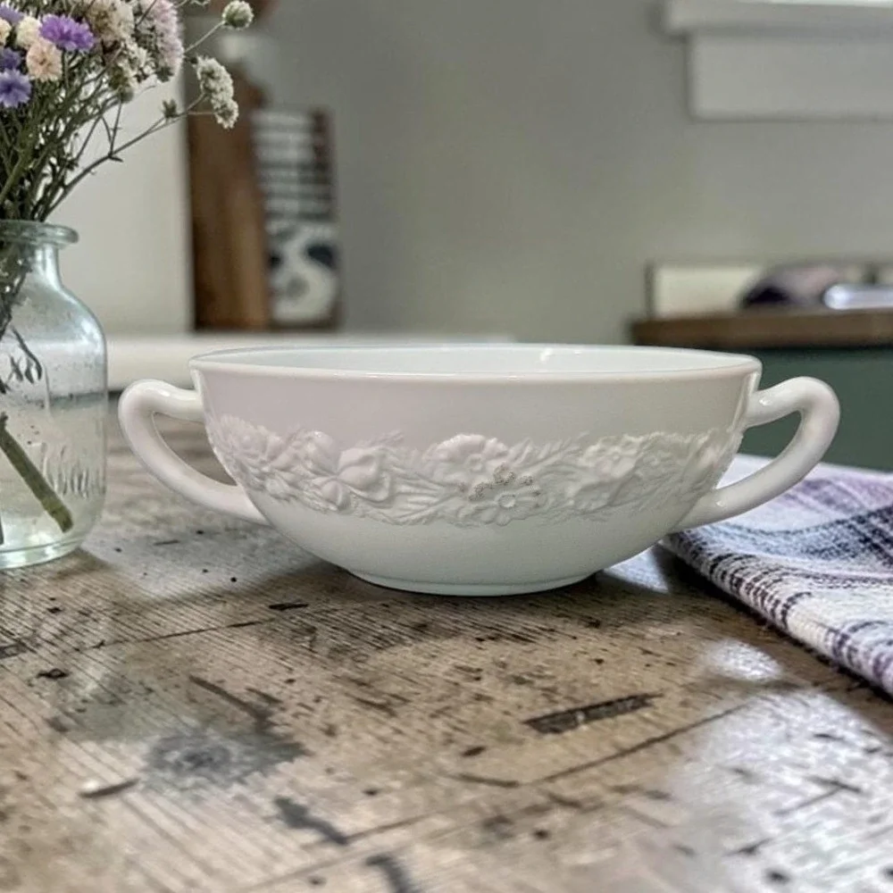 Anchor Hocking Milk Glass Soup Bowl, Dual Handled Floral Dish, Vtg Kitchenware